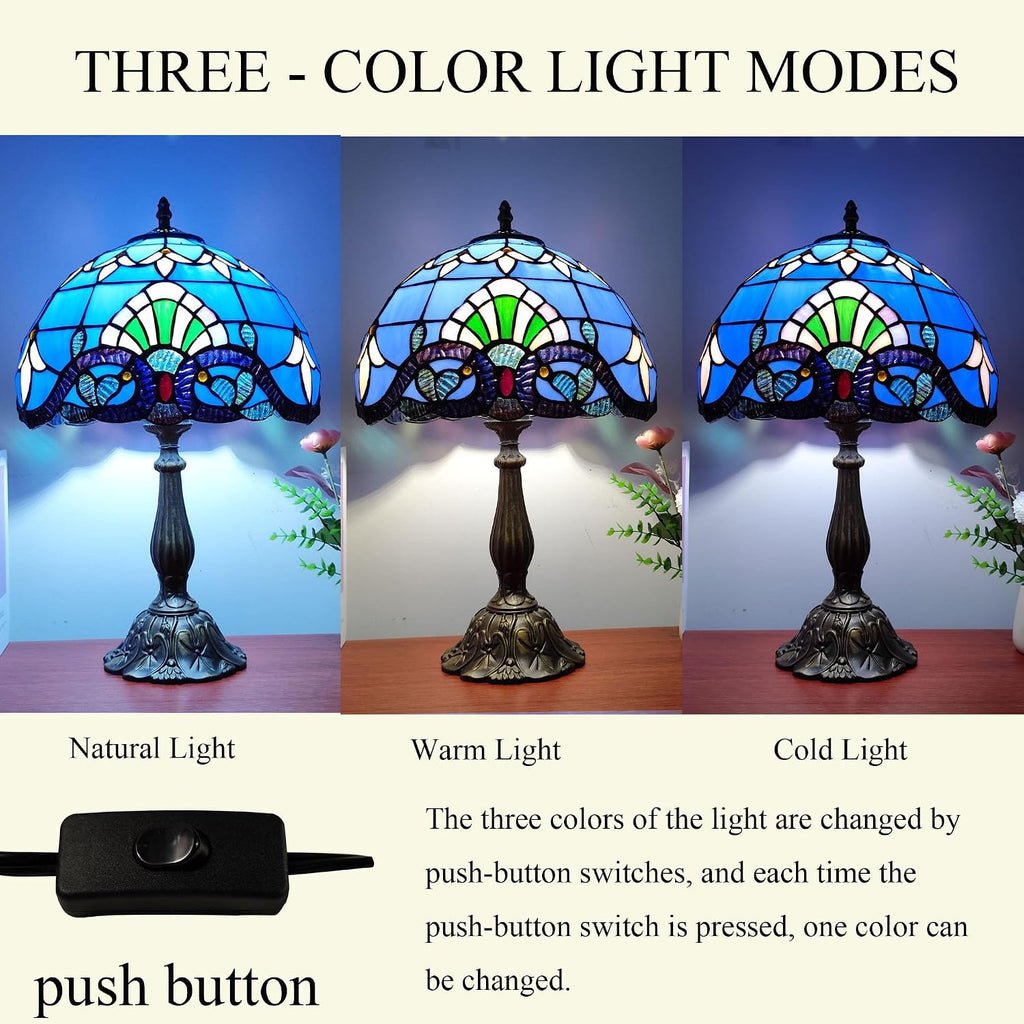 Tiffany Table Lamp 12X12X19 Inch Stained Glass Lamp Blue Baroque Style Antique Bedside Desk Nightstand Light for Bedroom Living Room Home…