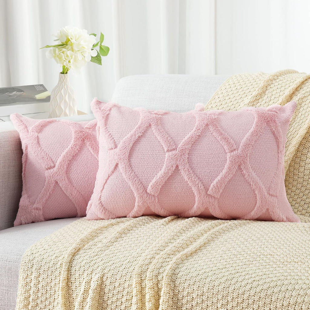 decorUhome Summer Throw Pillow Covers 12x20 Inch Set of 2, Soft Plush Faux Fur Wool Lumbar Light Pink Accent Couch Pillow Covers for Modern…