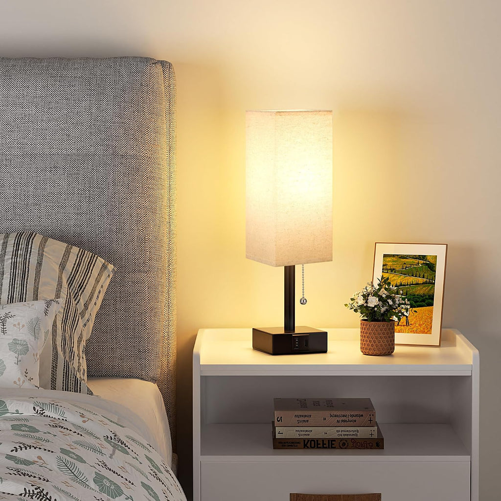Aooshine Small Linen Bedroom Lamp - 3 Color Temperature 3000K 5000K 4000K Bedside Lamp, Pull Chain Control, USB A and C Charging Ports, Bla…