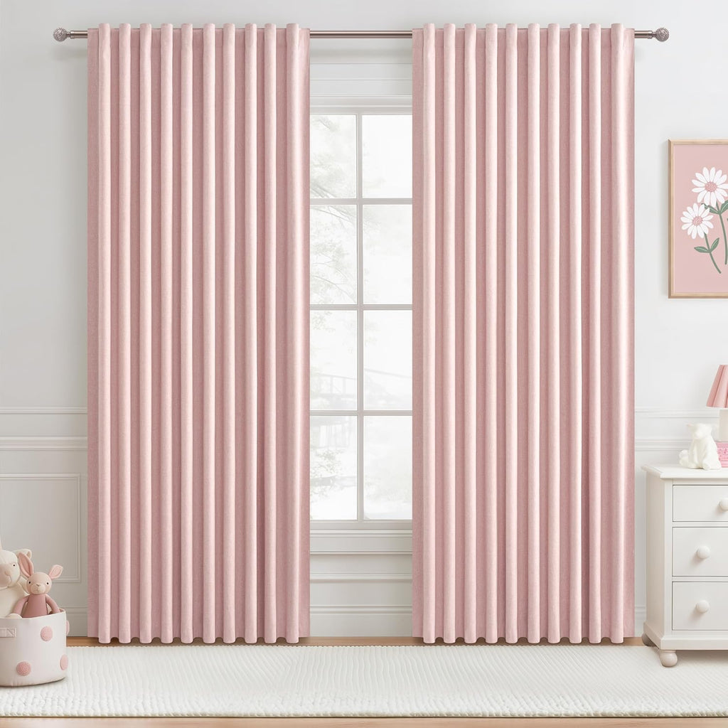 Qjmydeco Cute Baby Pink Blackout Curtains 70 Inches Extra Wide Pleated for Grils Bedroom 2 Panels Set, 96 Inch Long Curtain for Sliding Gla…