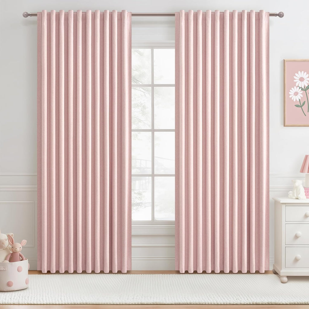 Qjmydeco Cute Baby Pink Extra Wide Curtains 70 Inches Wide for Grils Bedroom 2 Panels Set, Heavy Duty Pleated 84 Inch Long Linen Blackout Sl…
