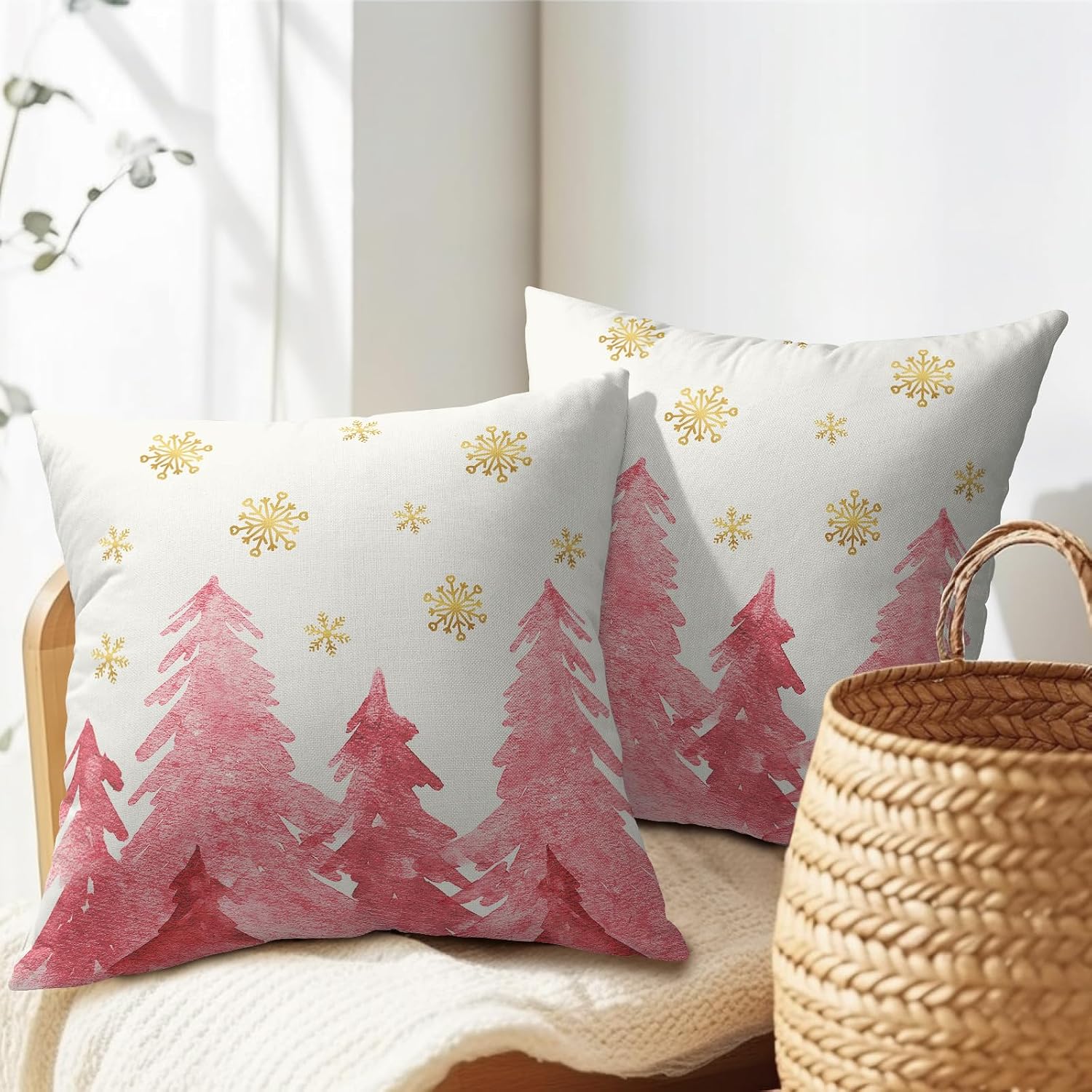 Christmas Tree Throw Pillow 20x20 Inch Set of 2 Cover Winter Christmas Pillowcase Pink Trees Golden Snowflake Decorative Cushion Cover…