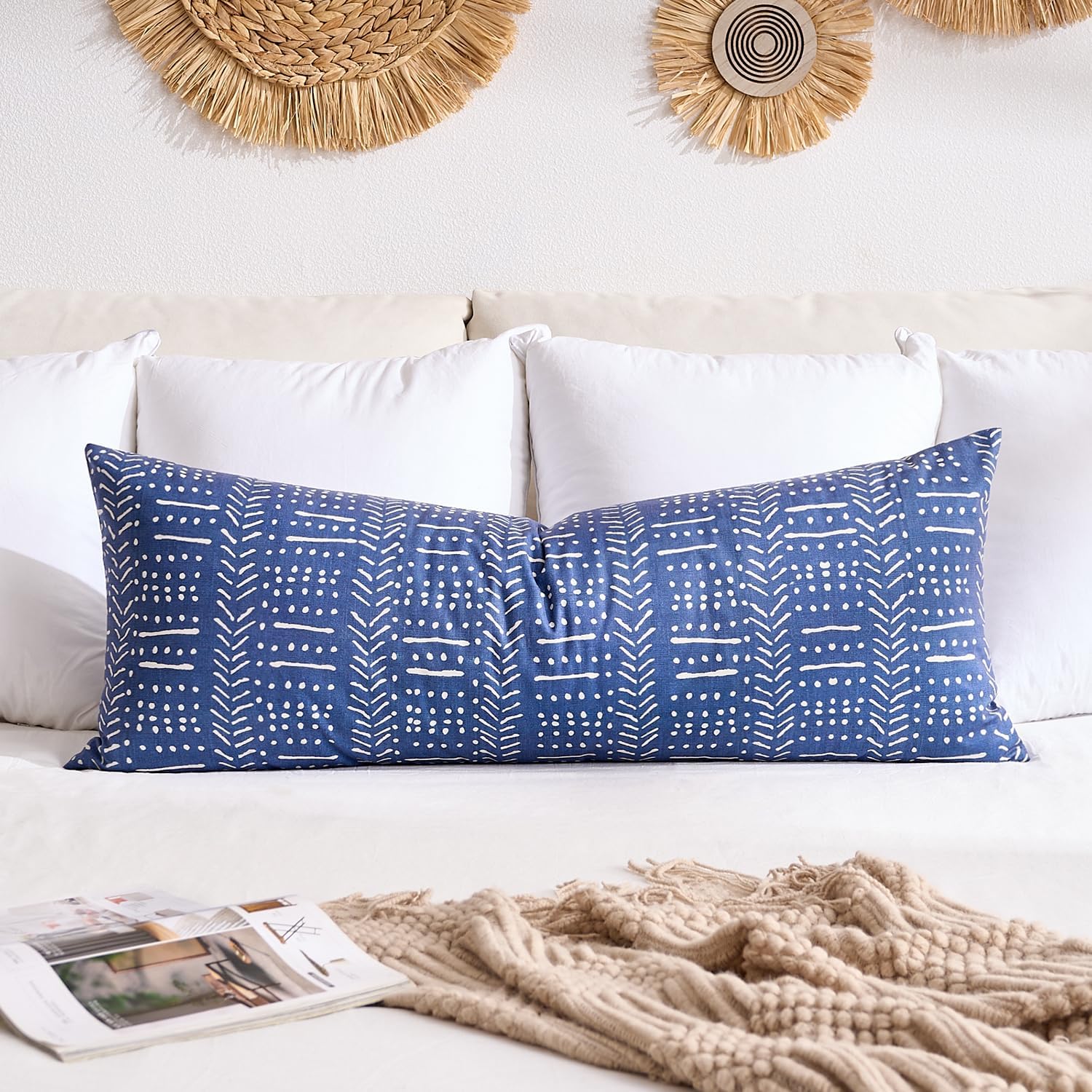 BONSTRAP Decorative Lumbar Pillow Covers Farmhouse Boho Cushion Covers 14X36 Neutral Vintage Blue Body Pillow Covers 1 Piece for Cou…