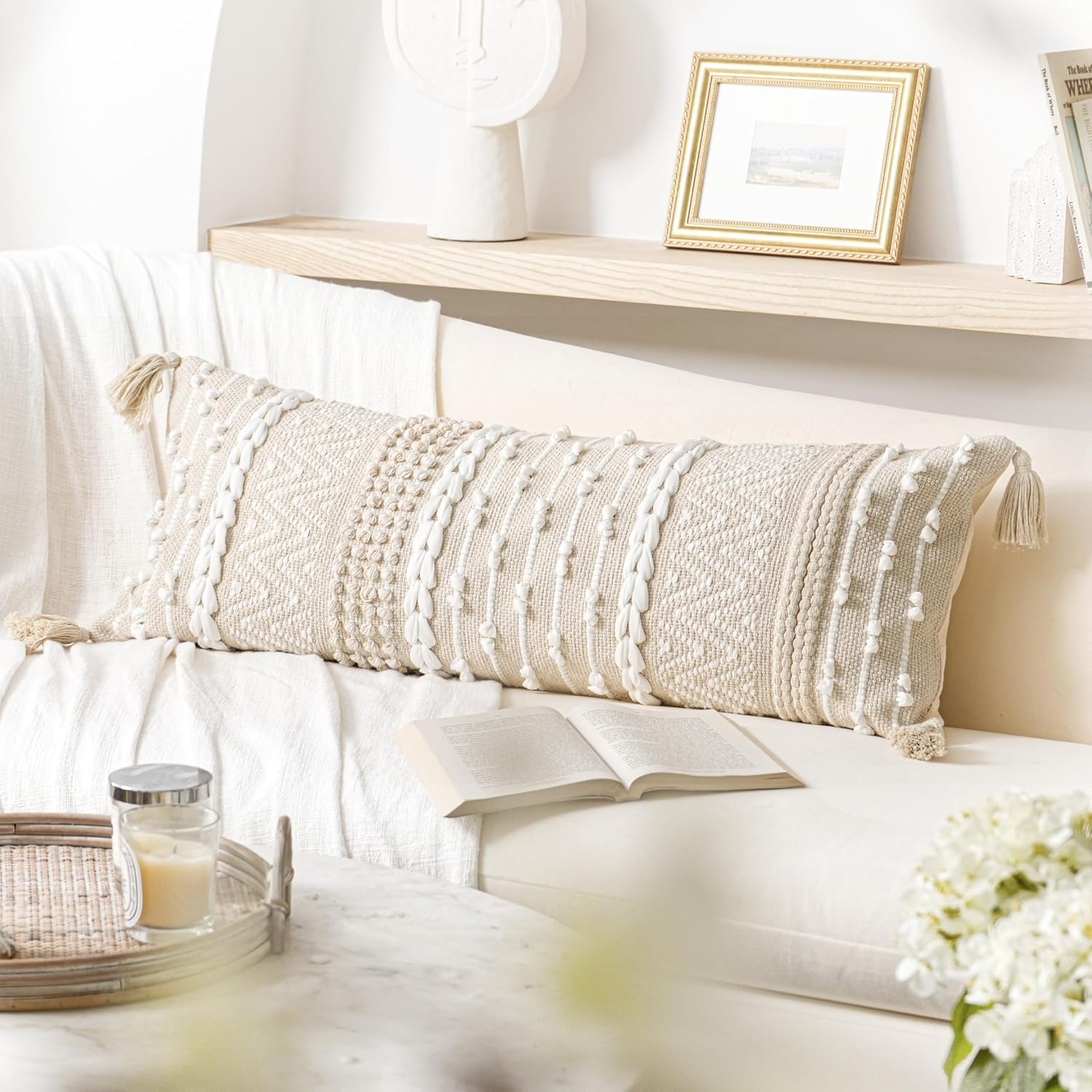 BlissBlush Cream Decorative Lumbar Throw Pillow Cover 14x36 Boho Long Cushion for Bed Neutral Beige White Accent Modern Farmhouse…