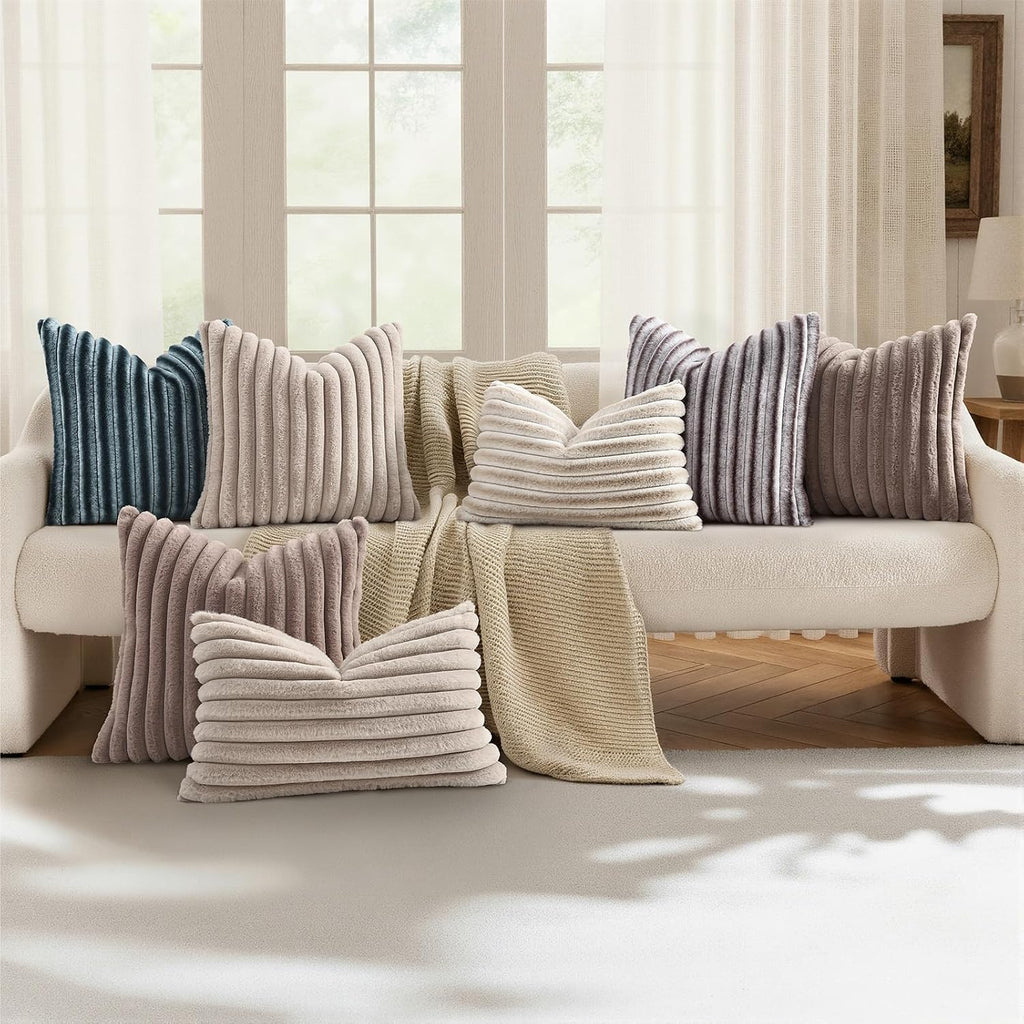 decorUhome Summer Cozy Faux Fur Throw Pillow Covers 20x20 Set of 2 Decorative Soft Plush Striped Modern Farmhouse Boho Couch Pillow Cases w…