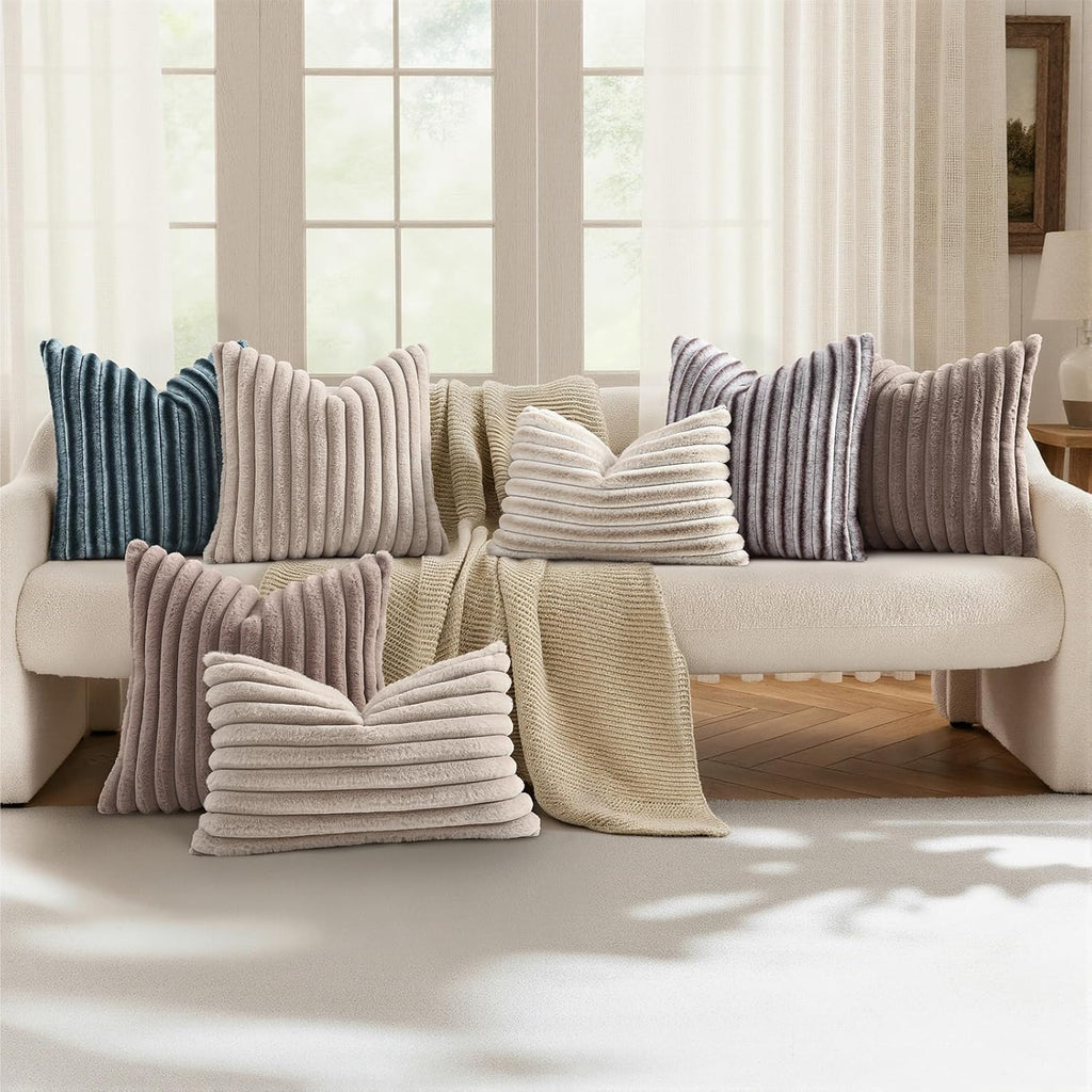 decorUhome Cozy Faux Fur Throw Pillow Covers 12x20 Set of 2 Decorative Soft Plush Striped Lumbar Modern Farmhouse Boho Couch Pillow Cases w…