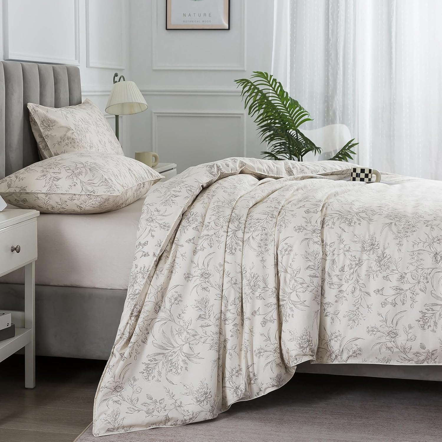 Puralens Vintage Floral Beige Duvet Cover King 100% Cotton, Shabby Flower Patterned Chic Soft Percale Comforter Cover Set, Cute Cottage Rev…