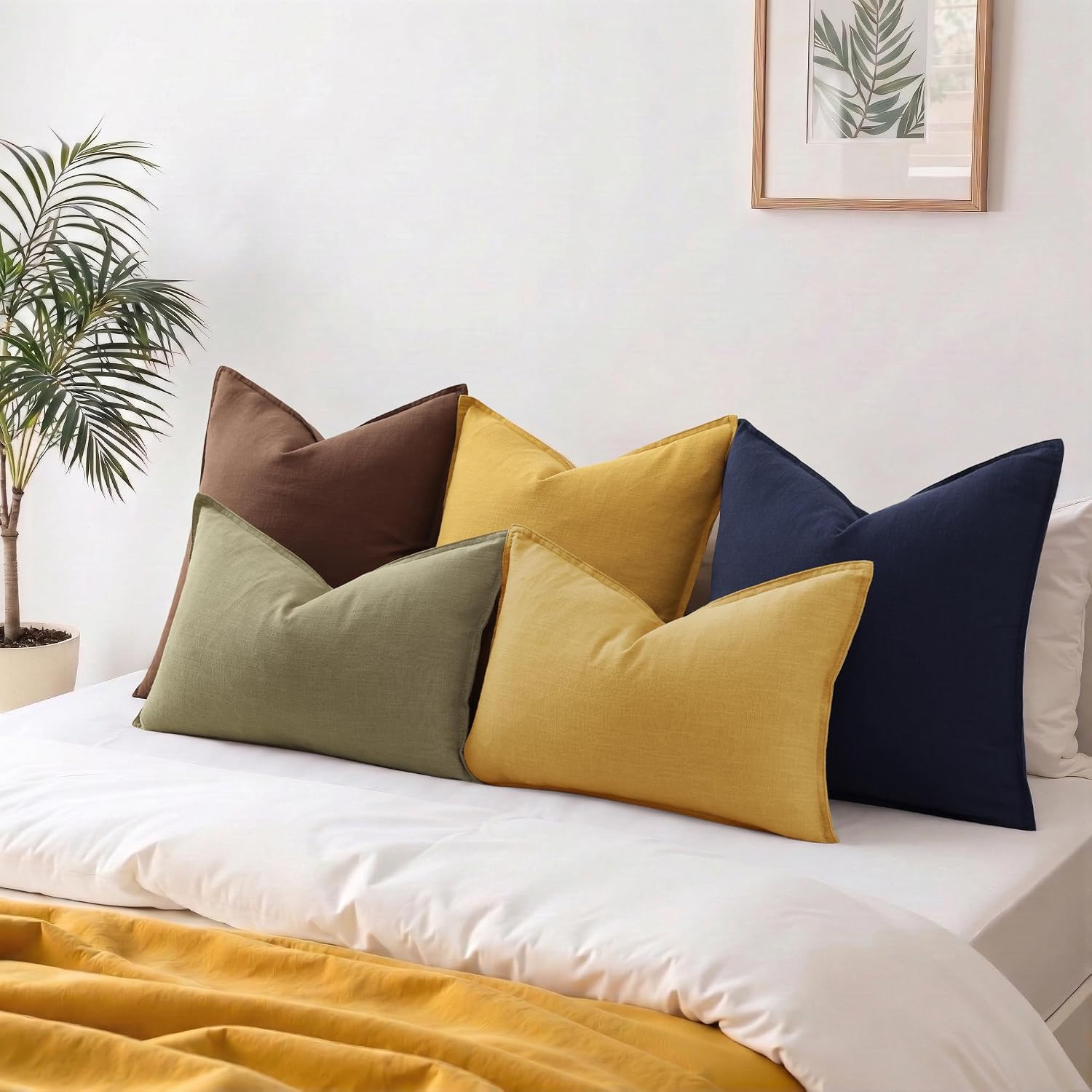 decorUhome Summer Decorative Linen Throw Pillow Covers 12x20 Inch Set of 2 Mustard Yellow Lumbar Pillow Covers with Flange Edges Soft Farmh…
