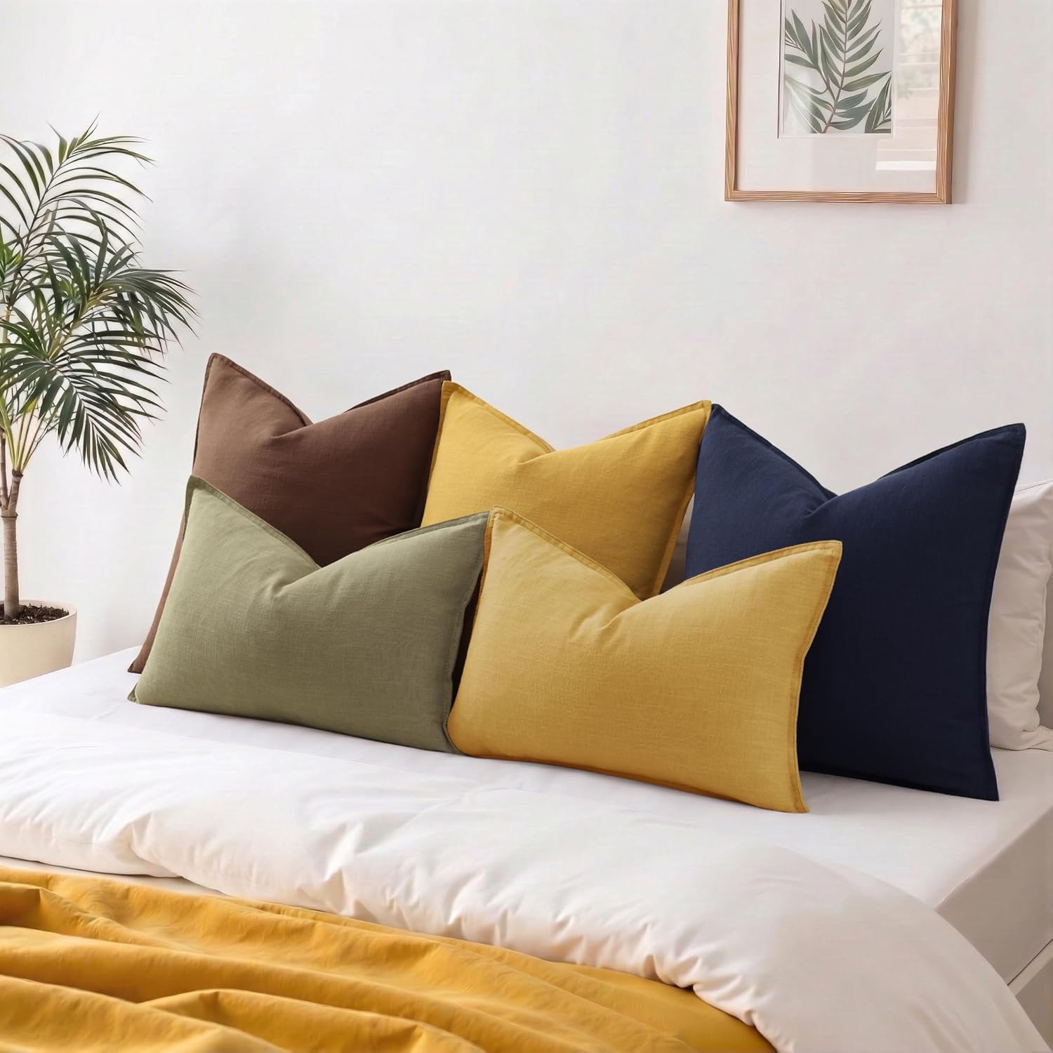 decorUhome Summer Decorative Linen Throw Pillow Covers 12x20 Inch Set of 2 Olive Green Lumbar Pillow Covers with Flange Edges Soft Farmhous…
