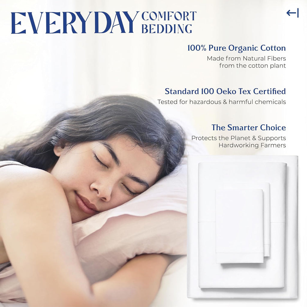 Mayfair Linen 100% Organic Cotton Percale Sheets California King Size - White Cotton Percale Sheets California King, 4 PC Percale Sheets…