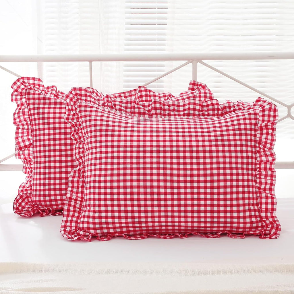 Kmasaniji 2 Pack Red White Plaid Ruffle Gingham Pillow Shams Standard Size, 100% Washed Cotton Buffalo Checkered Farmhouse Bed Pillow Cover…