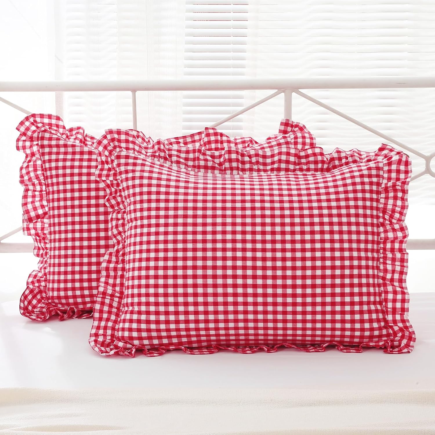Kmasaniji 2 Pack Red White Plaid Ruffle Gingham Pillow Shams Standard Size, 100% Washed Cotton Buffalo Checkered Farmhouse Bed Pillow Cover…