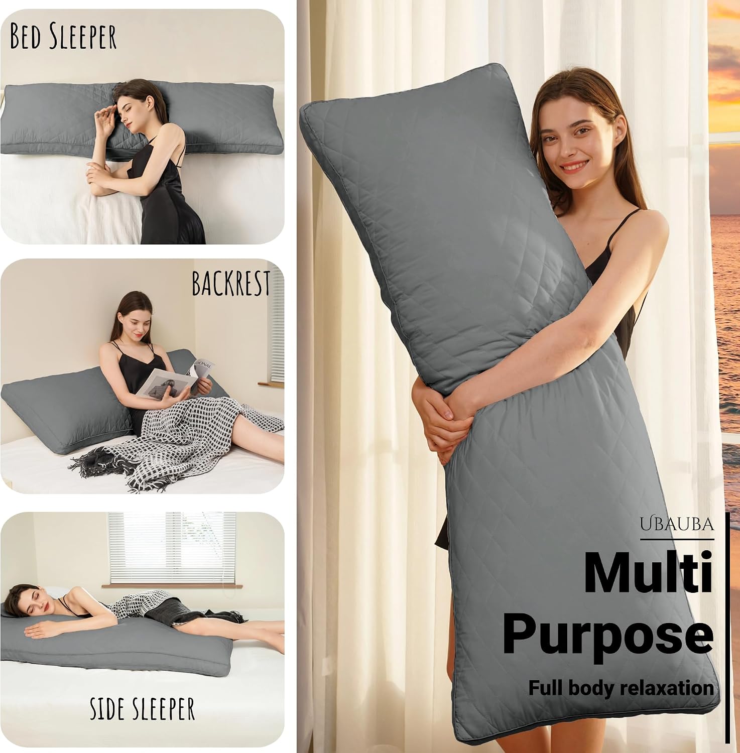 Ubauba Memory Foam Body Pillow, Full Large Body Pillows for Adults, Firm & Fluffy Long Bed Pillows for Sleeping (20x54 inch, Grey)