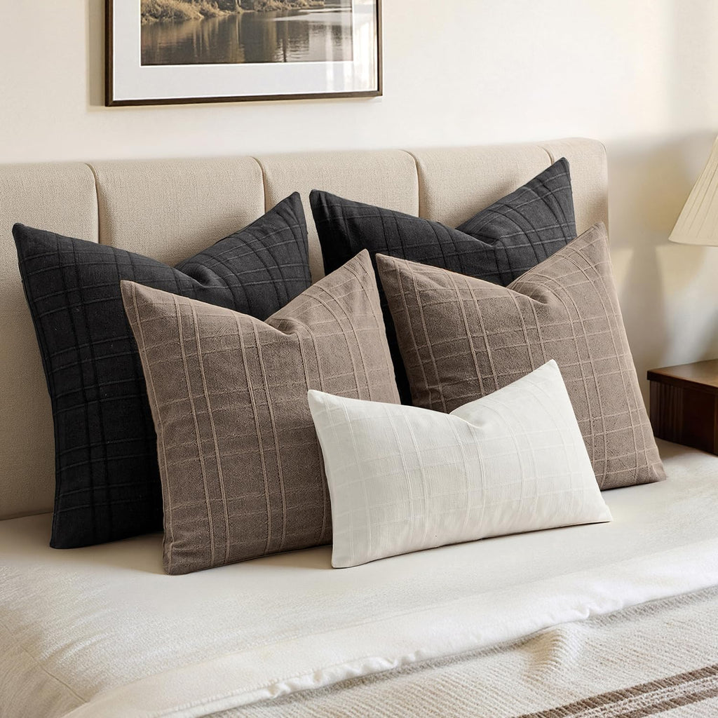 Miulee Decorative Linen Check Throw Pillow Covers Neutral Farmhouse Vintage Pillow Covers 20x20 Set of 2 Boho Modern Winter Home Decor for…