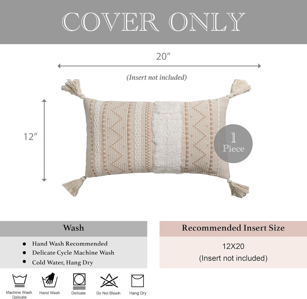 BlissBlush 12x20 Lumbar Pillow Cover, Cream Neutral Beige Rectangular Decorative Cushion Cover, Boho Accent Pillowcase with Tufted…