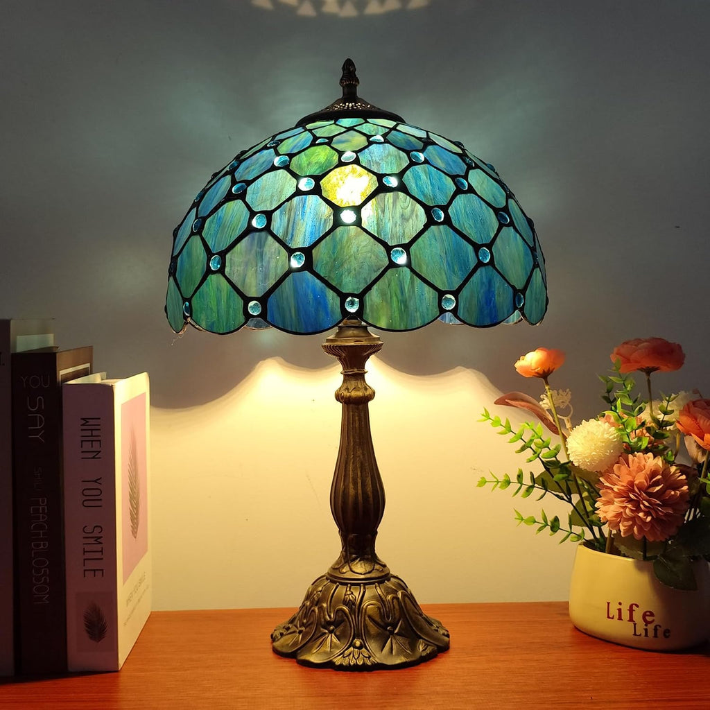 Tiffany Table Lamp Stained Glass Antique Bedside Nightstand Lamp Blue Pearl Style Small Antique Desk Light for Bedroom Living Room Home…