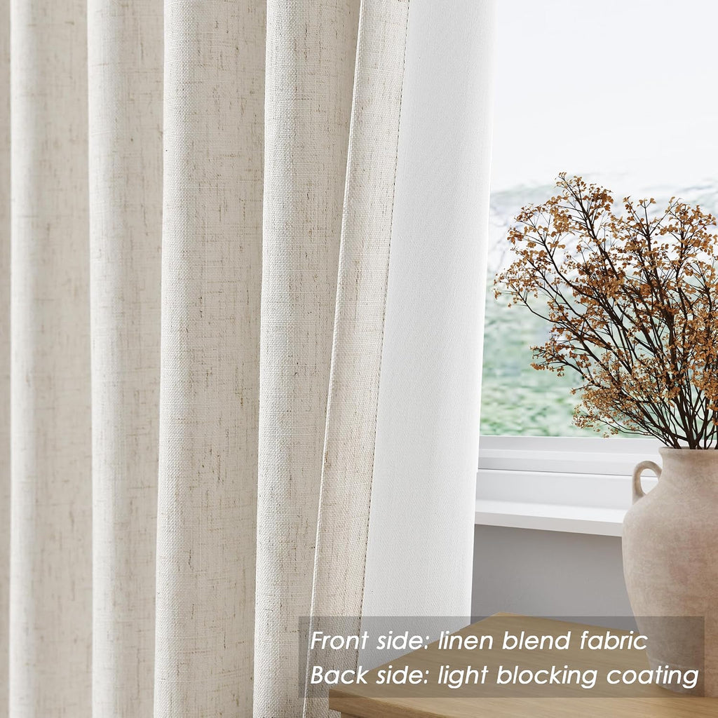 Nanspring Beige White 100% Blackout Linen Curtains 108 Inches Long for Bedroom Back Tab Thermal Insulated Modern Farmhouse Decor Black Out…