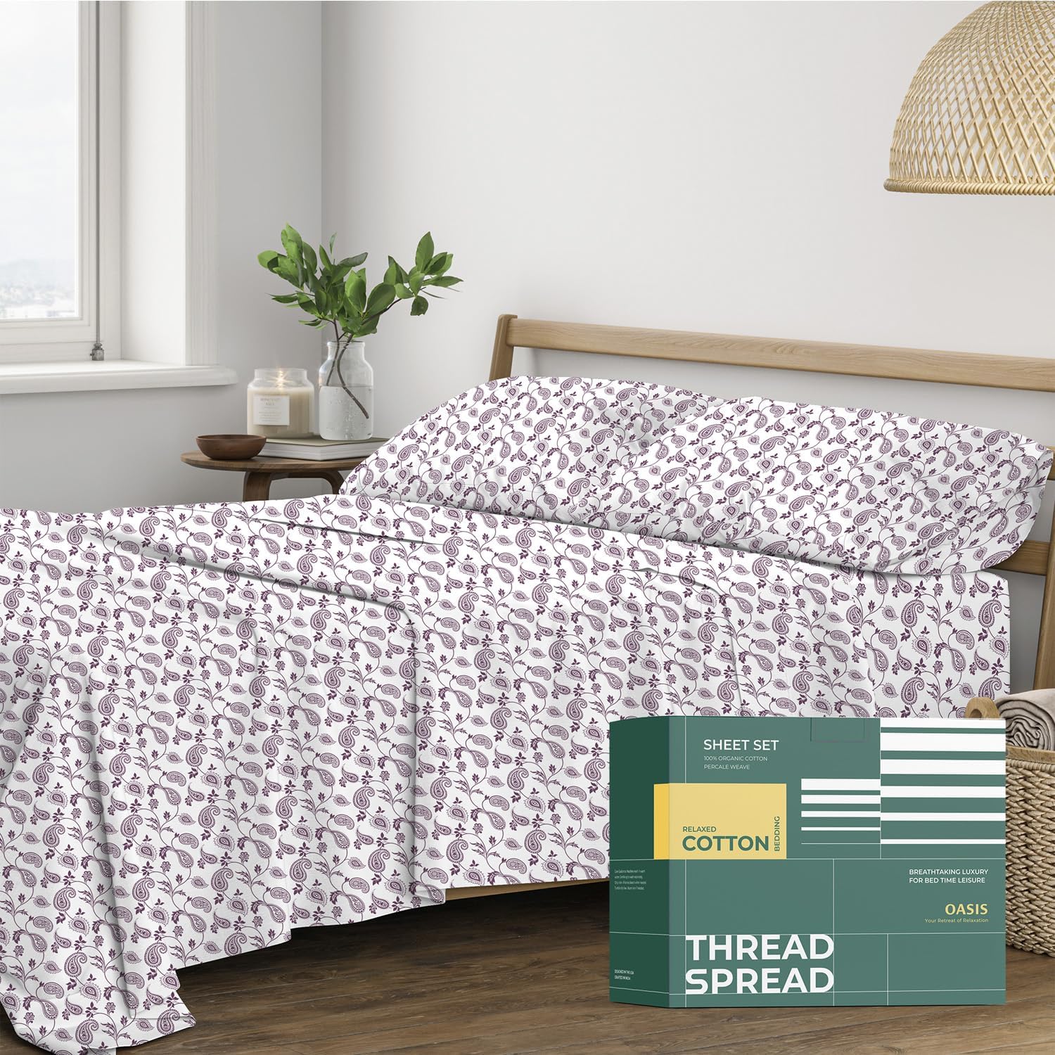 THREAD SPREAD 100% Organic Cotton Sheets Twin XL Size - Organic Cotton Percale Weave Sheet Set (3 PC, Paisley), Soft, Cooling, Crisp &…