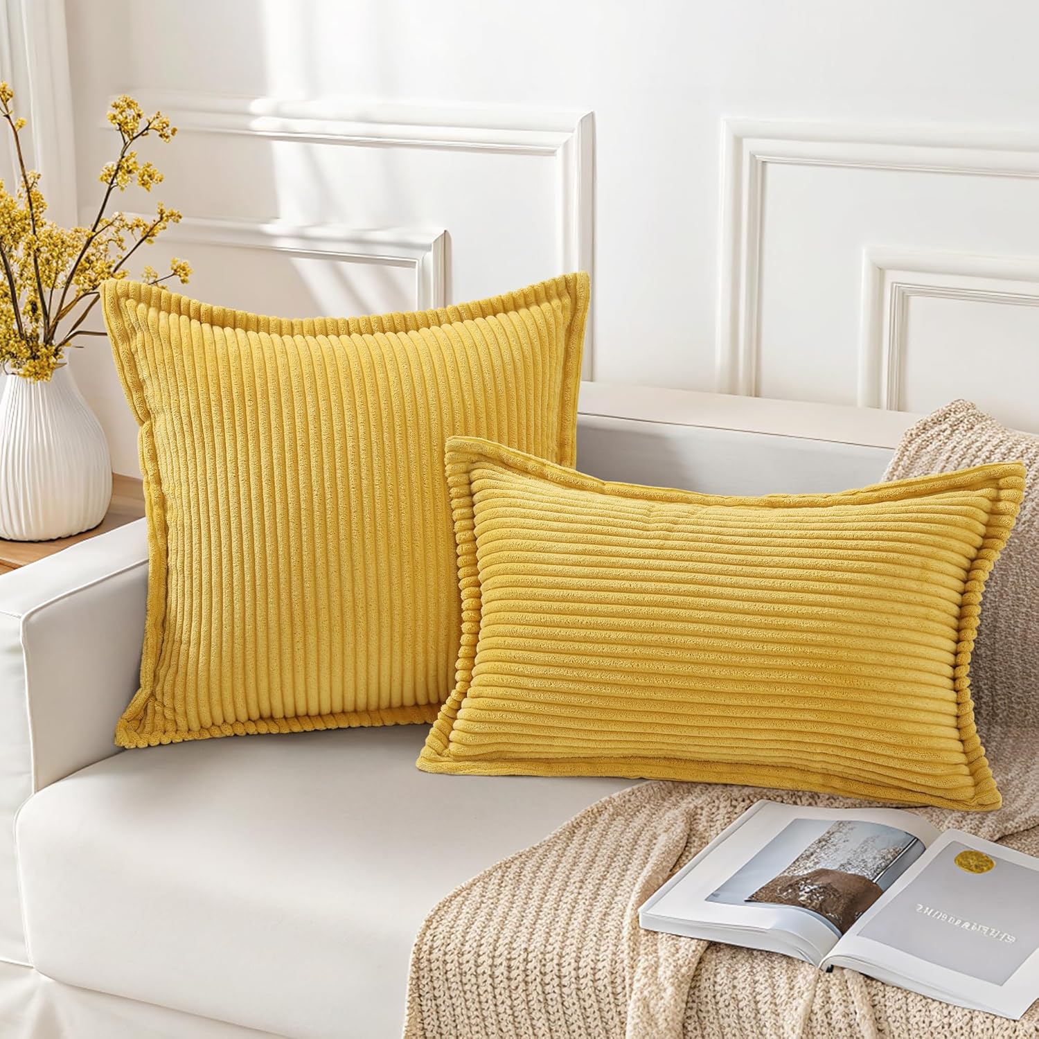 Mecatny Corduroy Summer Throw Pillow Covers 12x20 Set of 2, Neutral Decorative Soft Boho Lumbar Couch Pillow Covers with Broadside for…
