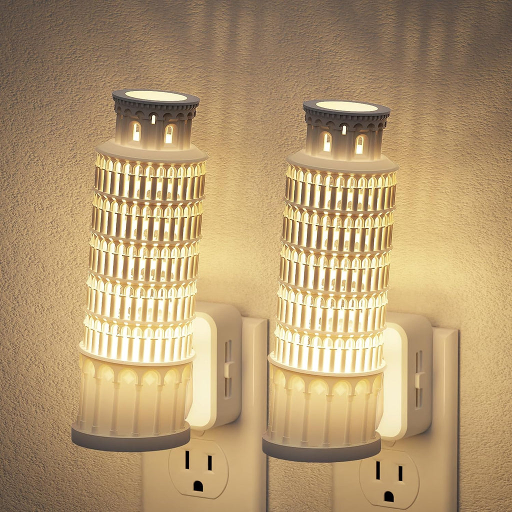 JandCase Night Lights Plug into Wall,2 Pack 3D Printed Leaning Tower of Pisa Night Light,3000K Plug in Nightlight with Dusk to Dawn…