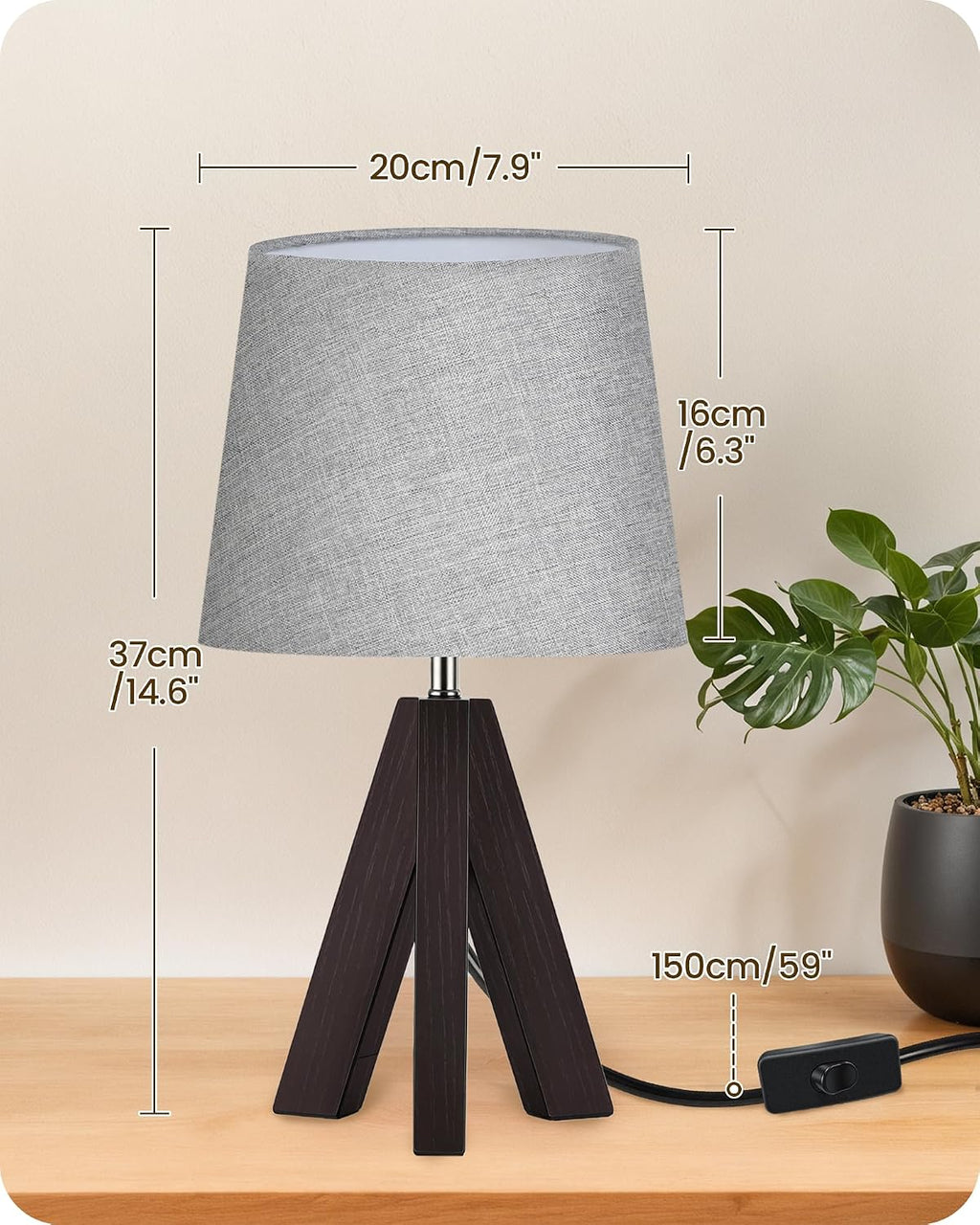 Tripod Table Lamp, 14.6" Small Bedside Lamp, Modern Nightstand Lamp with Gray Shade & Dark Walnut Base, Boho Desk Lamp for Bedroom, Kids…