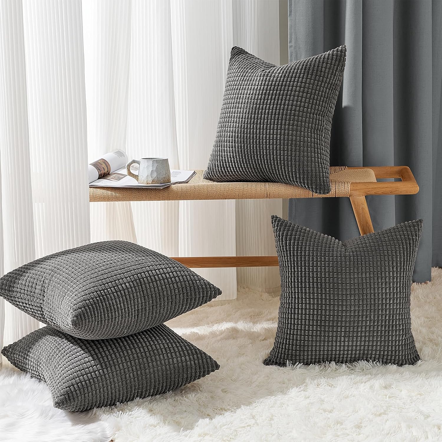 Topfinel 4 Packs Dark Grey Decorative Throw Pillow Covers 16x16 Inch for Living Room Couch Bed, Rustic Modern Farmhouse Home Decor, Soft Co…