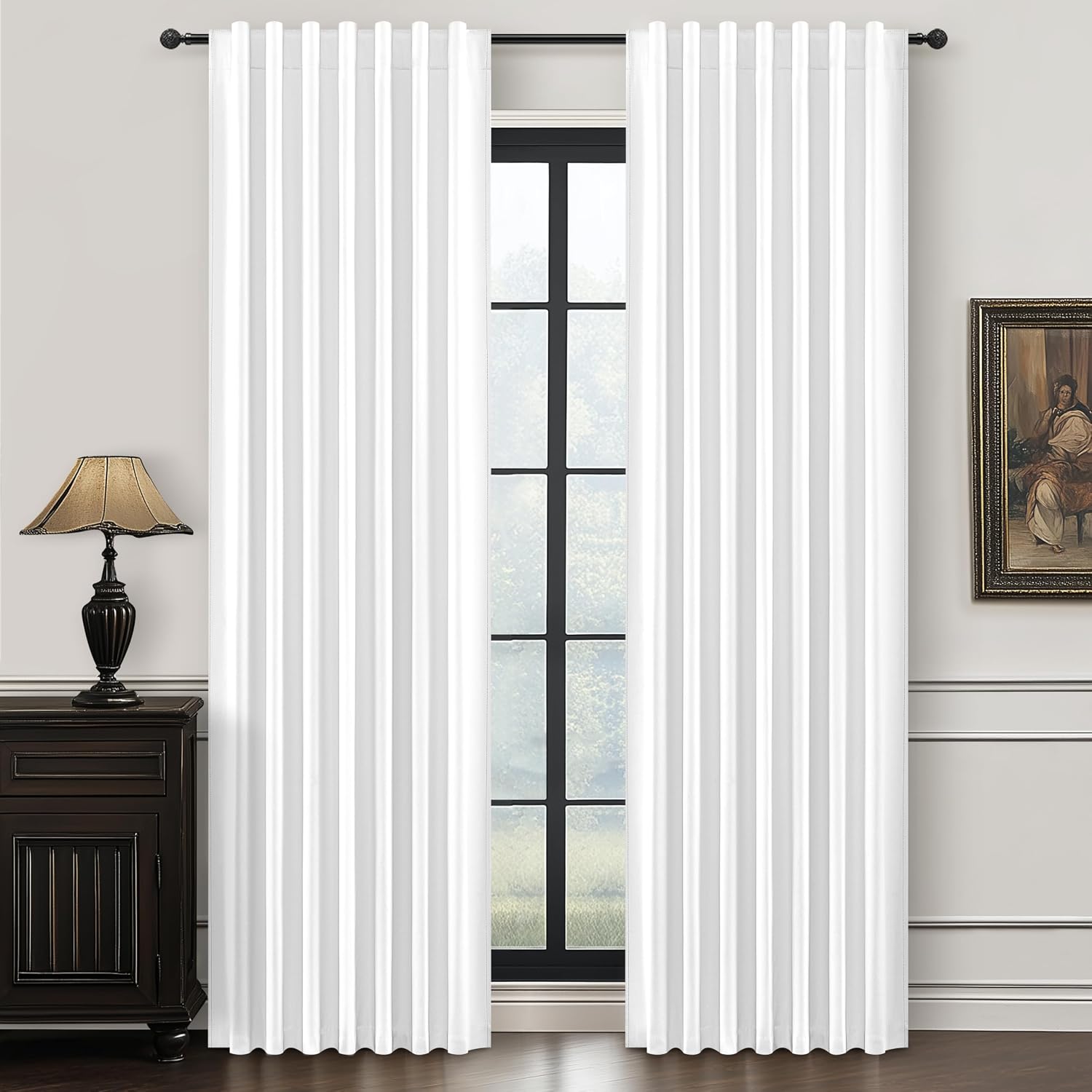 Qjmydeco Pure White Blackout 102 Inch Long Curtains for Bedroom, Funky Heavy Linen Ceiling Track Nursery Curtain Heart/Cold Block Sound Dam…