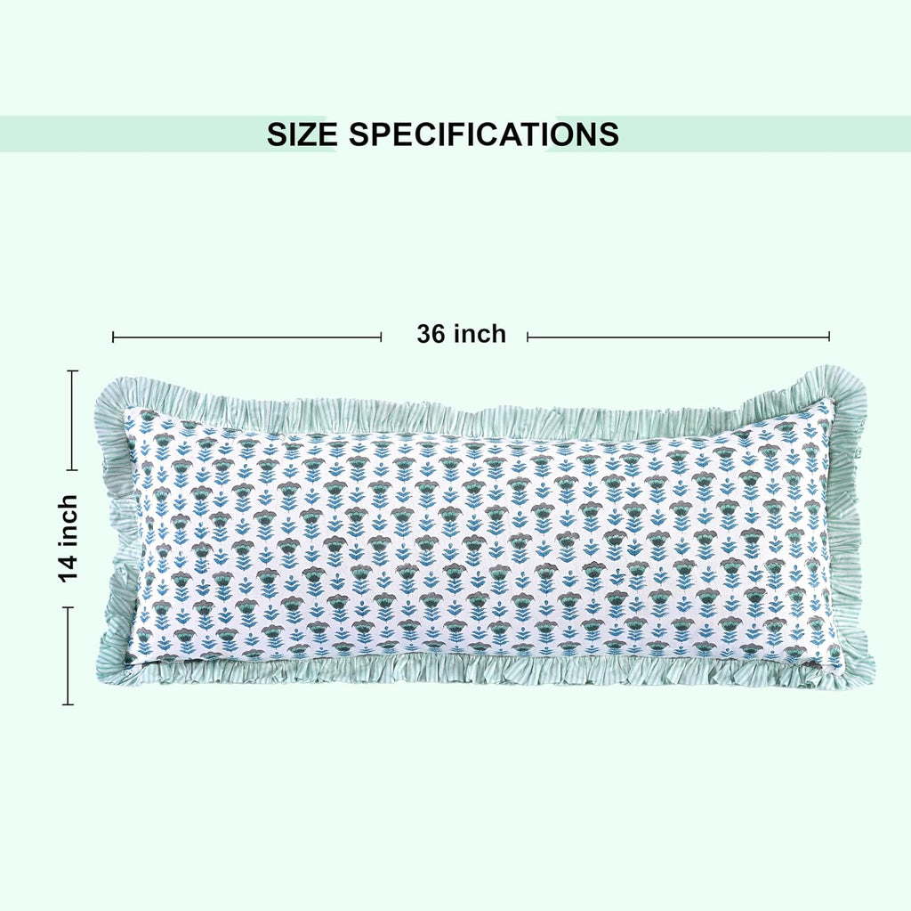 Ridhi Block Print Aquamarine Blue 36"x14" Set 1-100% Cotton Ruffle Lumbar Sham Cover Boho Floral Pillowcase, Farmhouse Cottagecore…