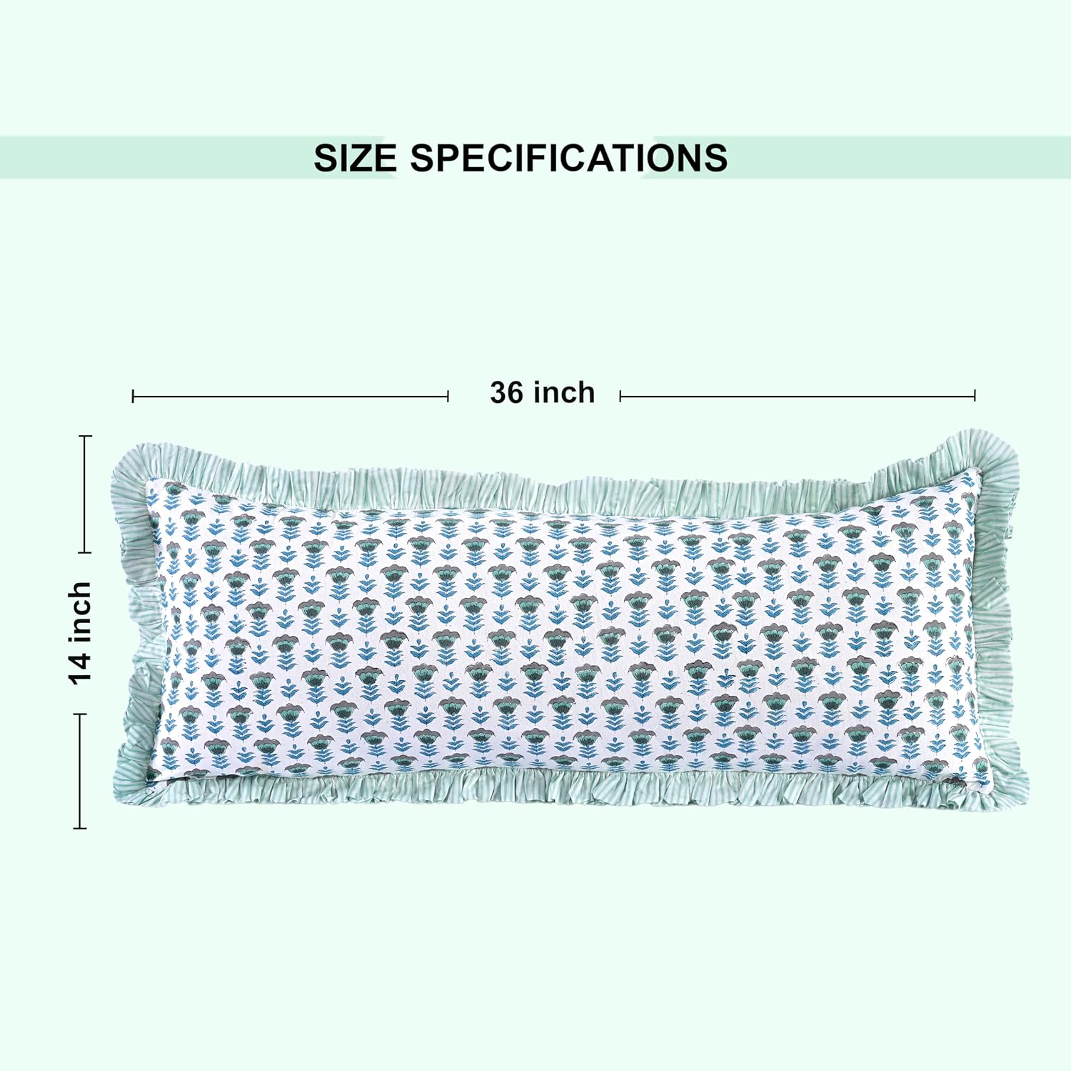 Ridhi Block Print Aquamarine Blue 36"x14" Set 1-100% Cotton Ruffle Lumbar Sham Cover Boho Floral Pillowcase, Farmhouse Cottagecore…