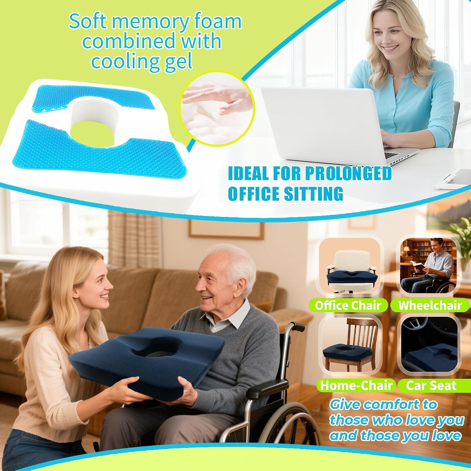 FoKon Gel & Memory Foam Wheelchair Seat Cushion, Donut Pillow for Tailbone, Bed Sore Cushions for Butt, Pressure Relief, Sciatica, Coccyx, hemor…