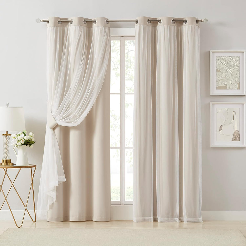 Bujasso Beige 90% Blackout Curtains with Sheer Overlay Mix and Match Double Layer Thermal Insulated Window Panels 84 inch for Living Room B…