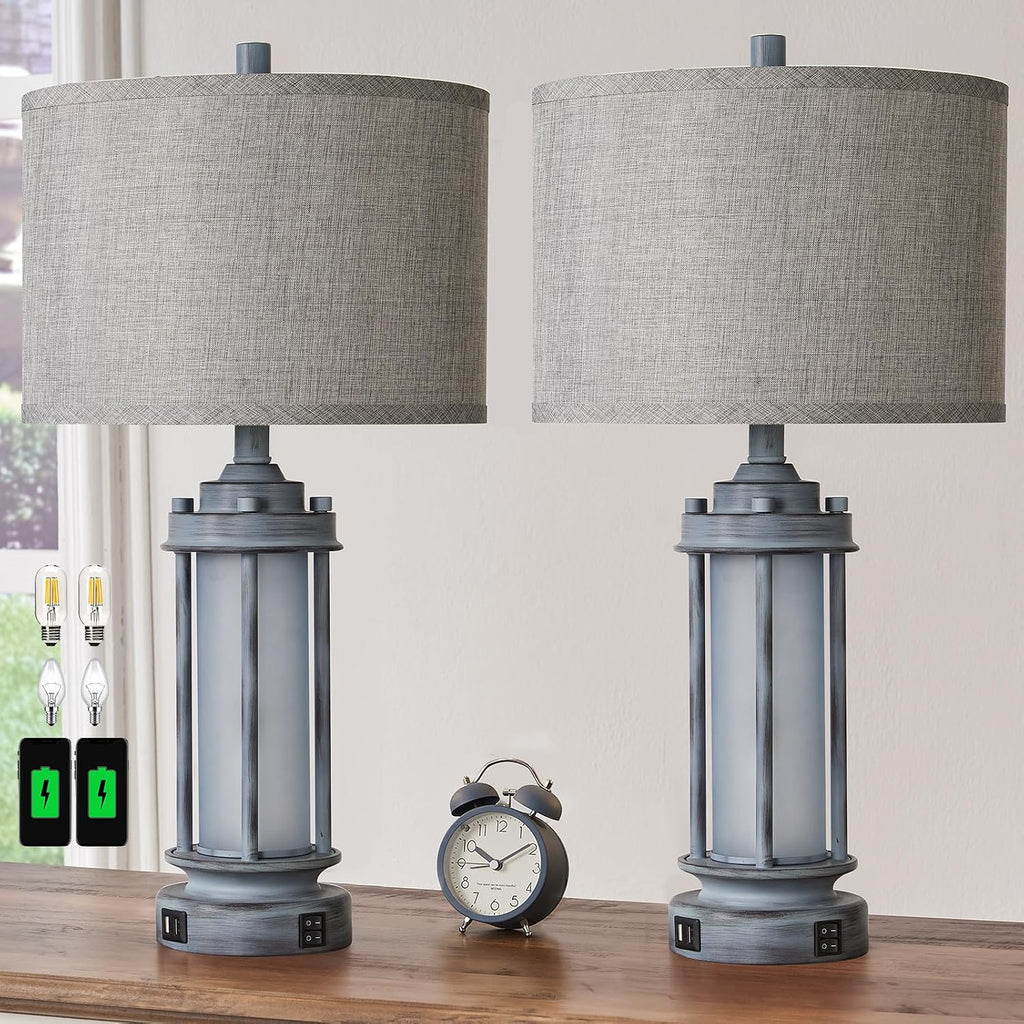 AIEAMPDO Set of 2 Rustic Table Lamps for Living Room, Farmhouse Vintage Nightstand Lamp with 2 USB Ports, Antique Retro Light Green Glass…