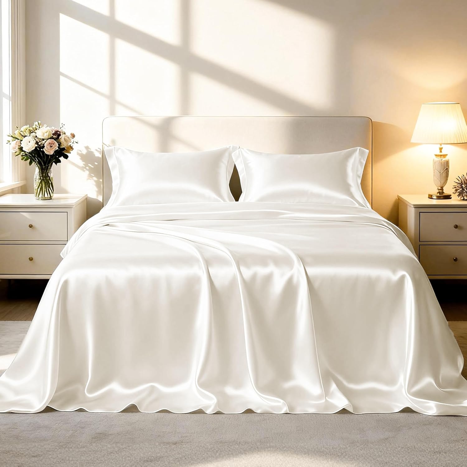 Lovescabin Love's cabin California King Satin Sheet Sets - 4 Piece Ivory Silky Sheets Bed Set with Deep Pocket, Luxury Silk Feel Satin Cal…
