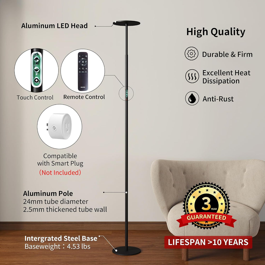 chiphy 60W Torchiere Floor Lamp, Sky LED Floor lamp, 76'' Height Adjustable, 10-Level Brightness & Color Temperature, 360° Adjustable…