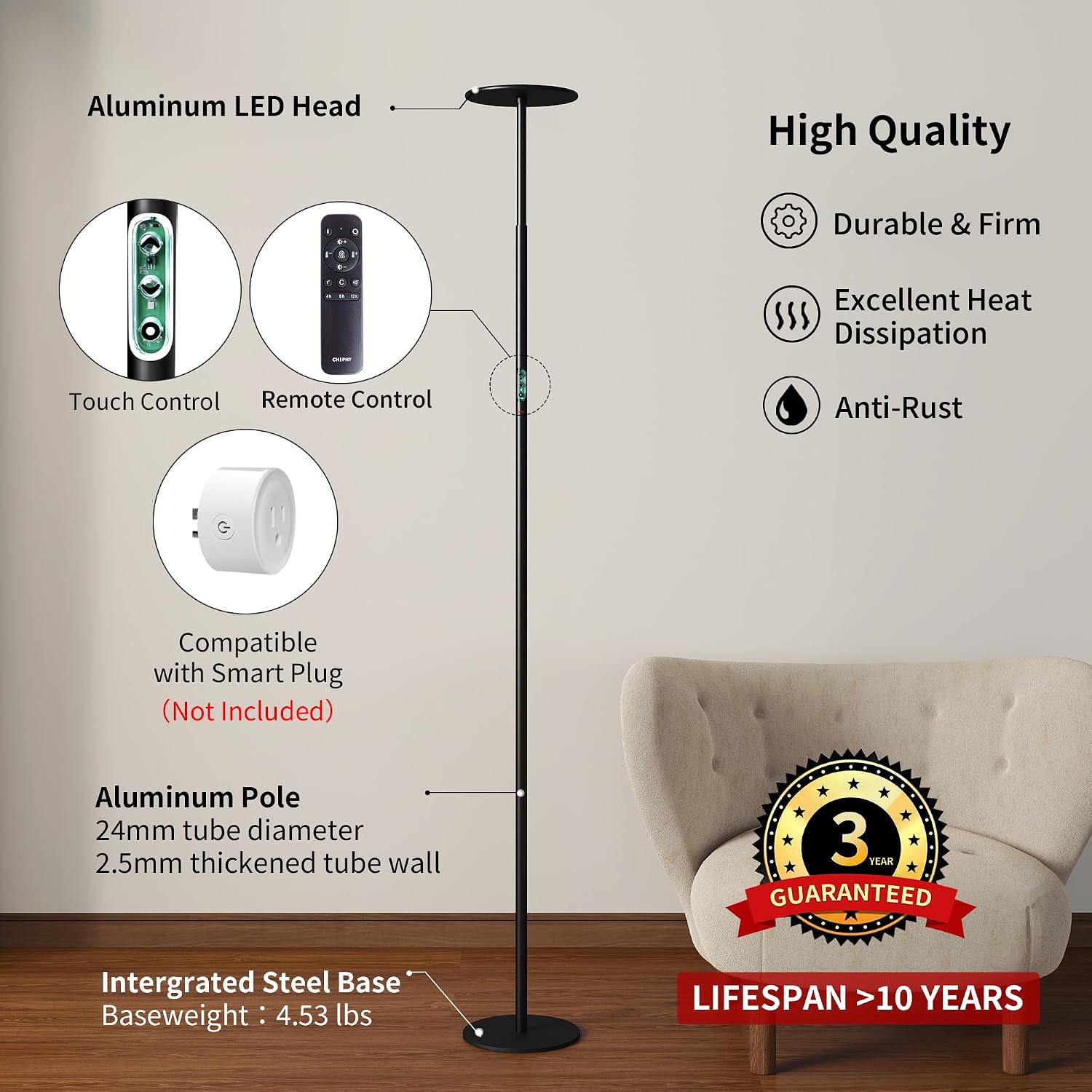 chiphy 60W Torchiere Floor Lamp, Sky LED Floor lamp, 76'' Height Adjustable, 10-Level Brightness & Color Temperature, 360° Adjustable…