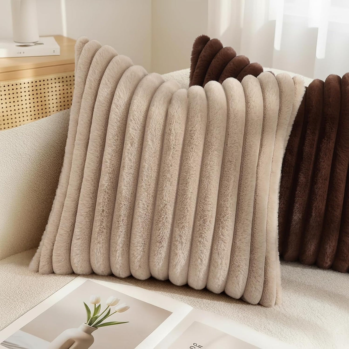 decorUhome Cozy Faux Fur Throw Pillow Covers 22x22 Set of 2 Decorative Soft Plush Striped Modern Farmhouse Boho Couch Euro Sham Pillow Case…