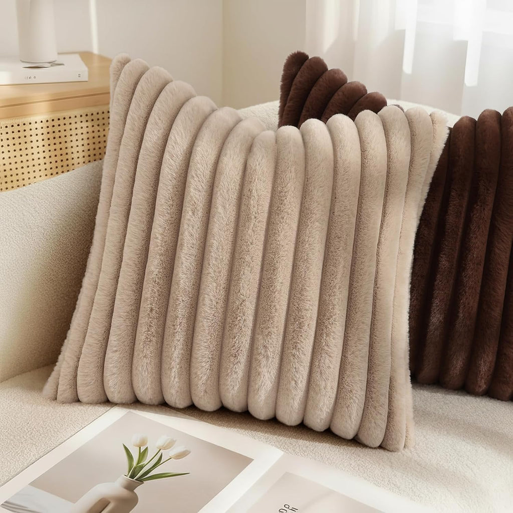 decorUhome Cozy Faux Fur Throw Pillow Covers 26x26 Set of 2 Decorative Soft Plush Striped Modern Farmhouse Boho Couch Euro Sham Pillow Case…