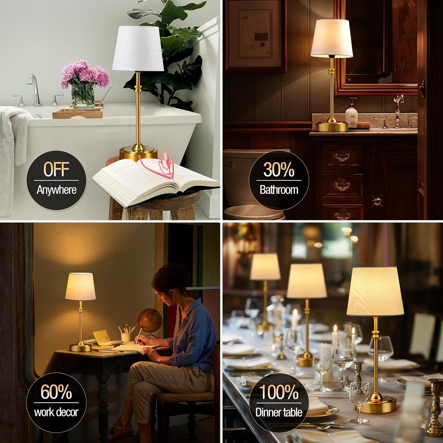 ONEWISH Cordless Table Lamps Set of 2 - Battery Powered Lamp, 4000mAh Rechargeable, Stepless Dimmable, Wireless Lamp with Fabric Shade…