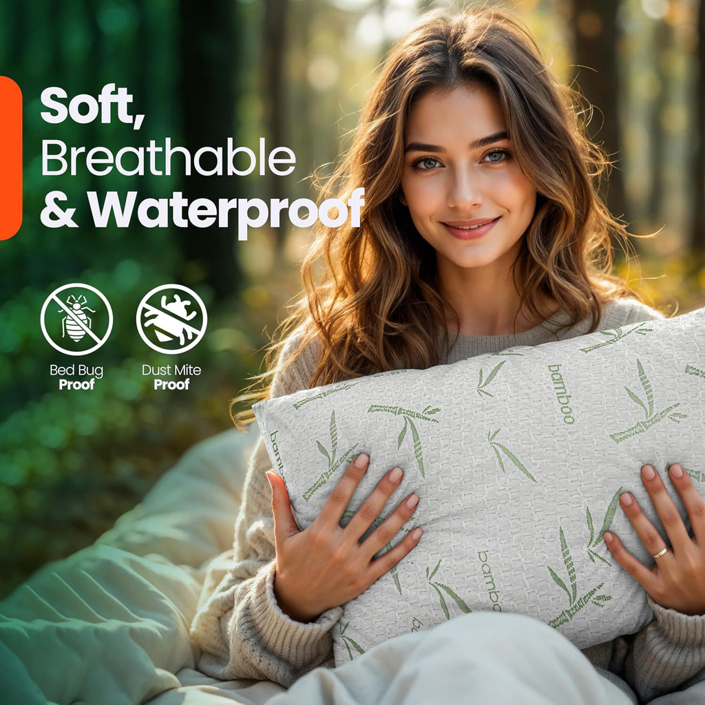 Utopia Bedding Waterproof Pillow Protectors with Zipper Queen Size (2 Pack), Soft and Cooling Bamboo Viscose Pillow Covers, Bed Bug Proof…