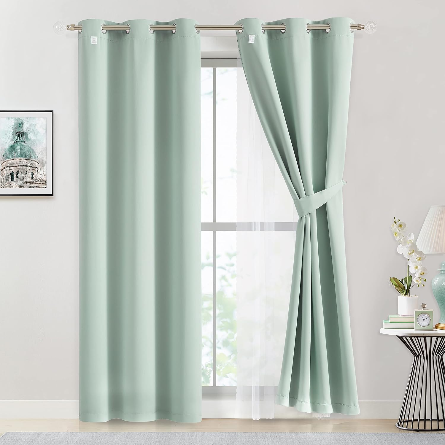 Bujasso Aqua 80% Blackout Curtains with Sheer Overlay Mix and Match Double Layer Thermal Insulated Window Panels 84 inch for Living Room Be…