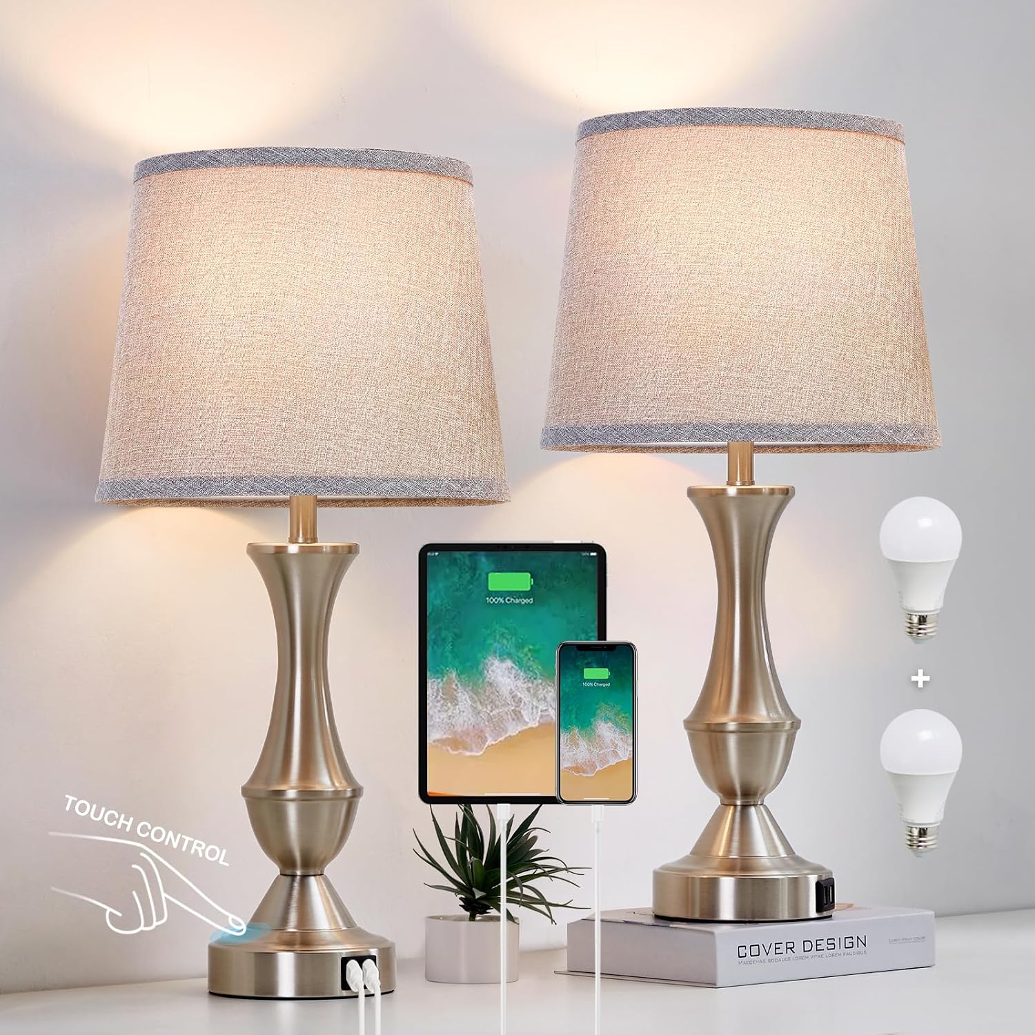 Touch Table Lamps Set of 2, 22" Tall Bedside Lamps, Nightstand Lamps with USB C+A Charging Ports, Dimmable Lamp for Bedrooms, Living…