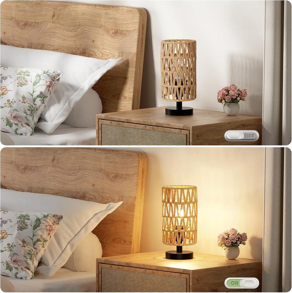 Fenmzee Small Table Lamp for Bedroom - Inline Control, Bedside Lamp with 3000K A15 LED Blub, Easy Assembly(Rattan Rope Shade-Black…