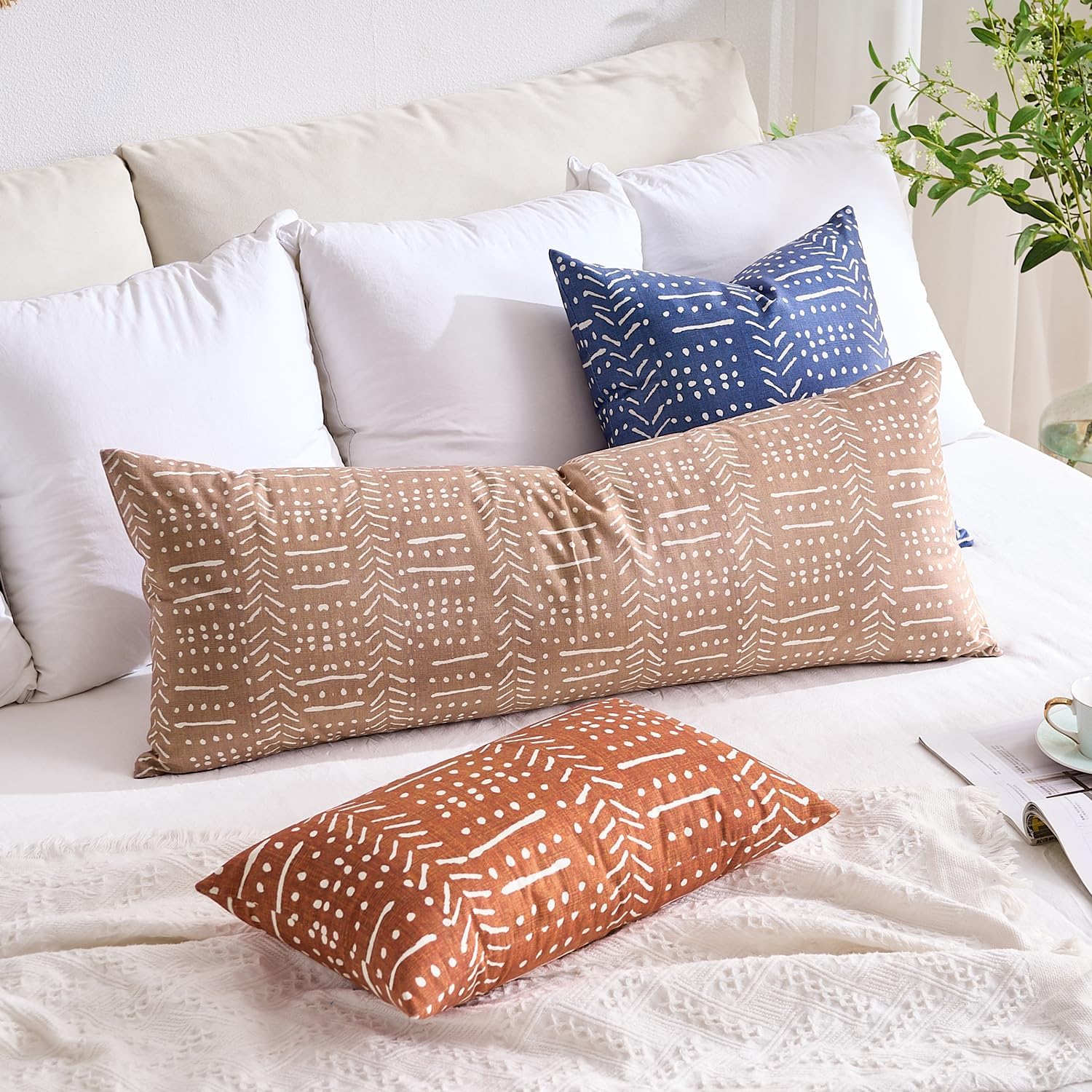 BONSTRAP Decorative Throw Pillow Covers Brick Red Farmhouse Lumbar Cushion Covers Boho Rectangular 12X20 Stripe Burnt Orange Pillowc…