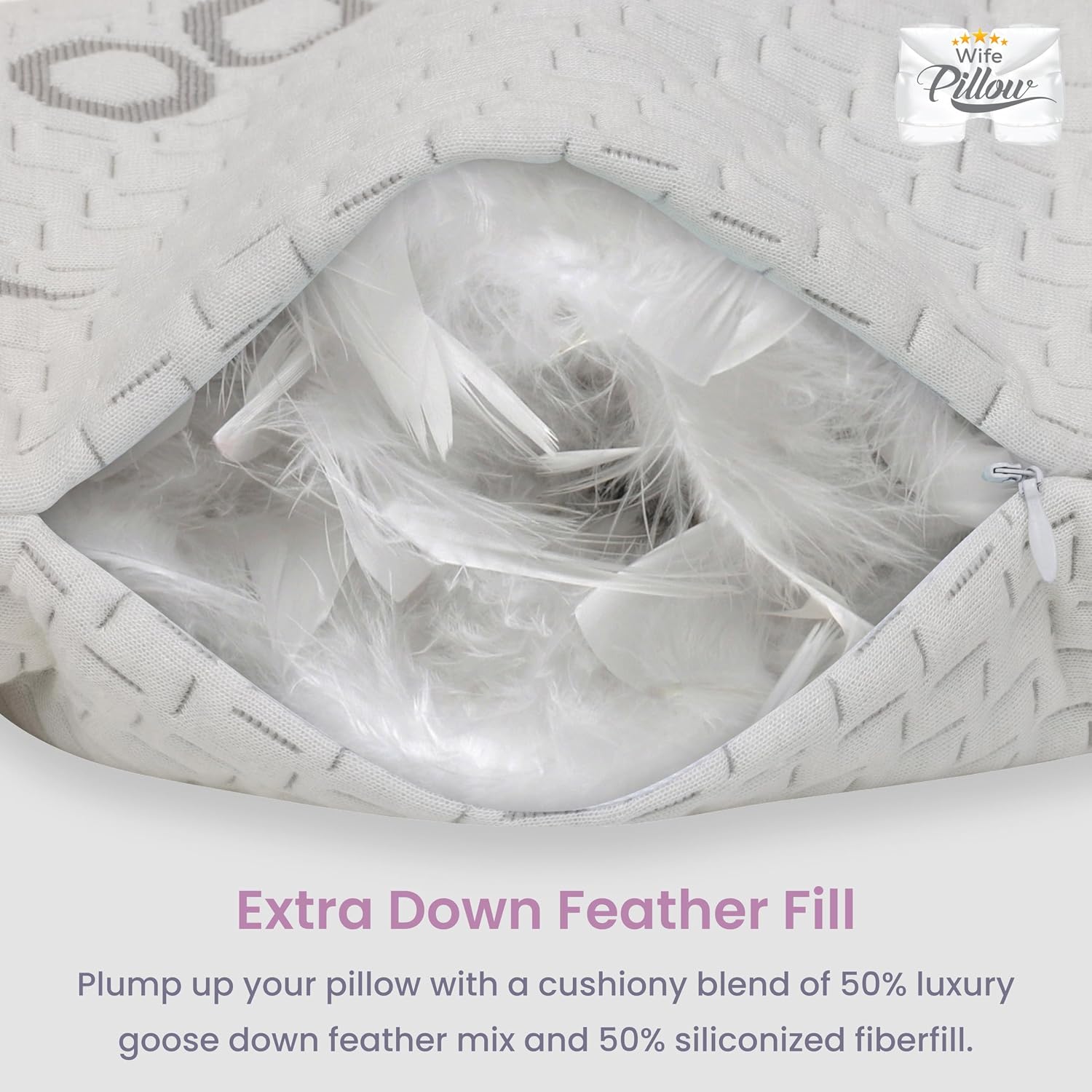 Wife Pillow - 50/50 Feather-Fiberfill, 1 LBS Extra Bag of Stuffing, Hotel Style Blend: White Goose Down Feather w/Siliconized Fiberfill…