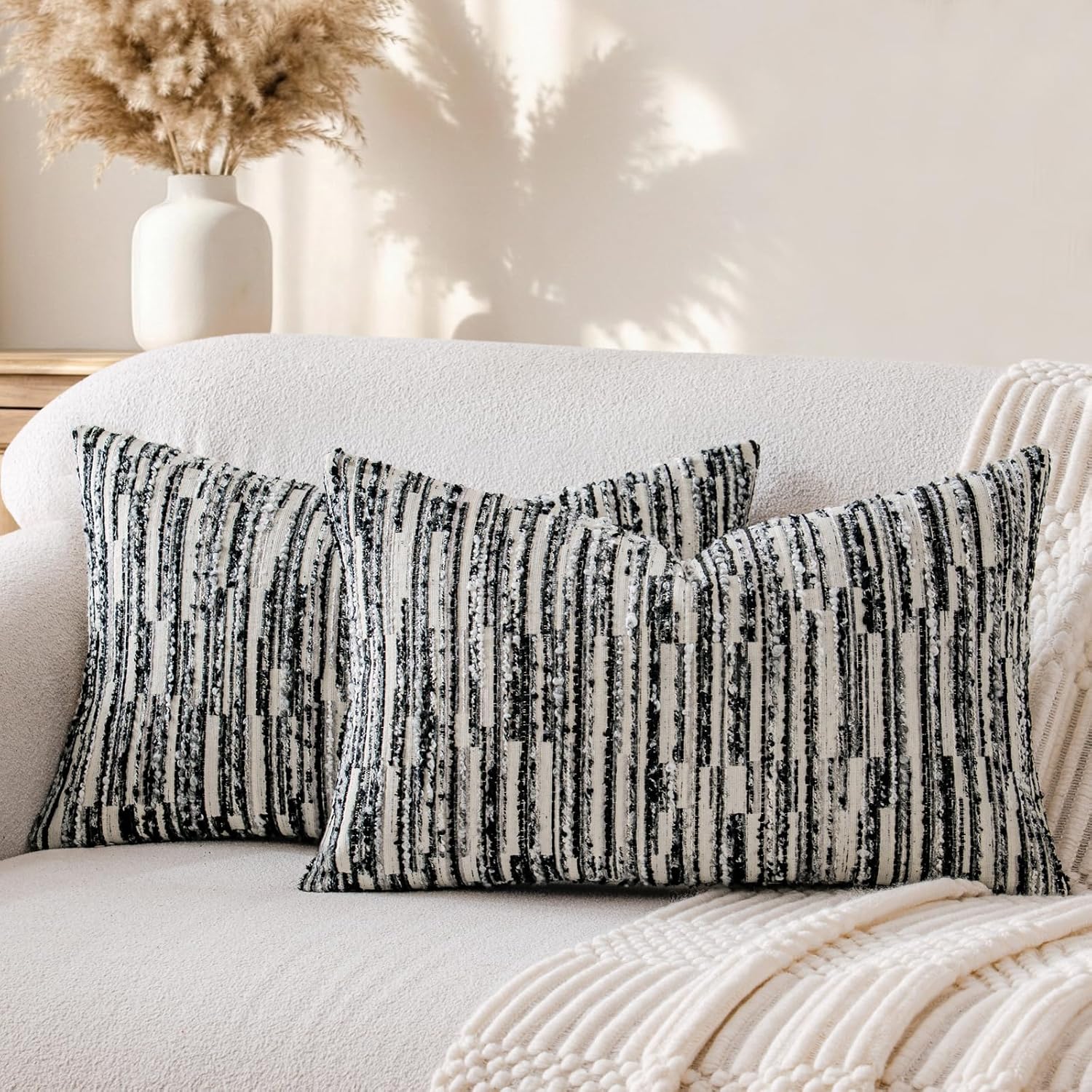 amoment a moment Boho Throw Pillow Covers Set of 2, Striped Decorative Rustic Farmhouse Pillow Cases, Aesthetic Modern Home Decor Couch Cushi…