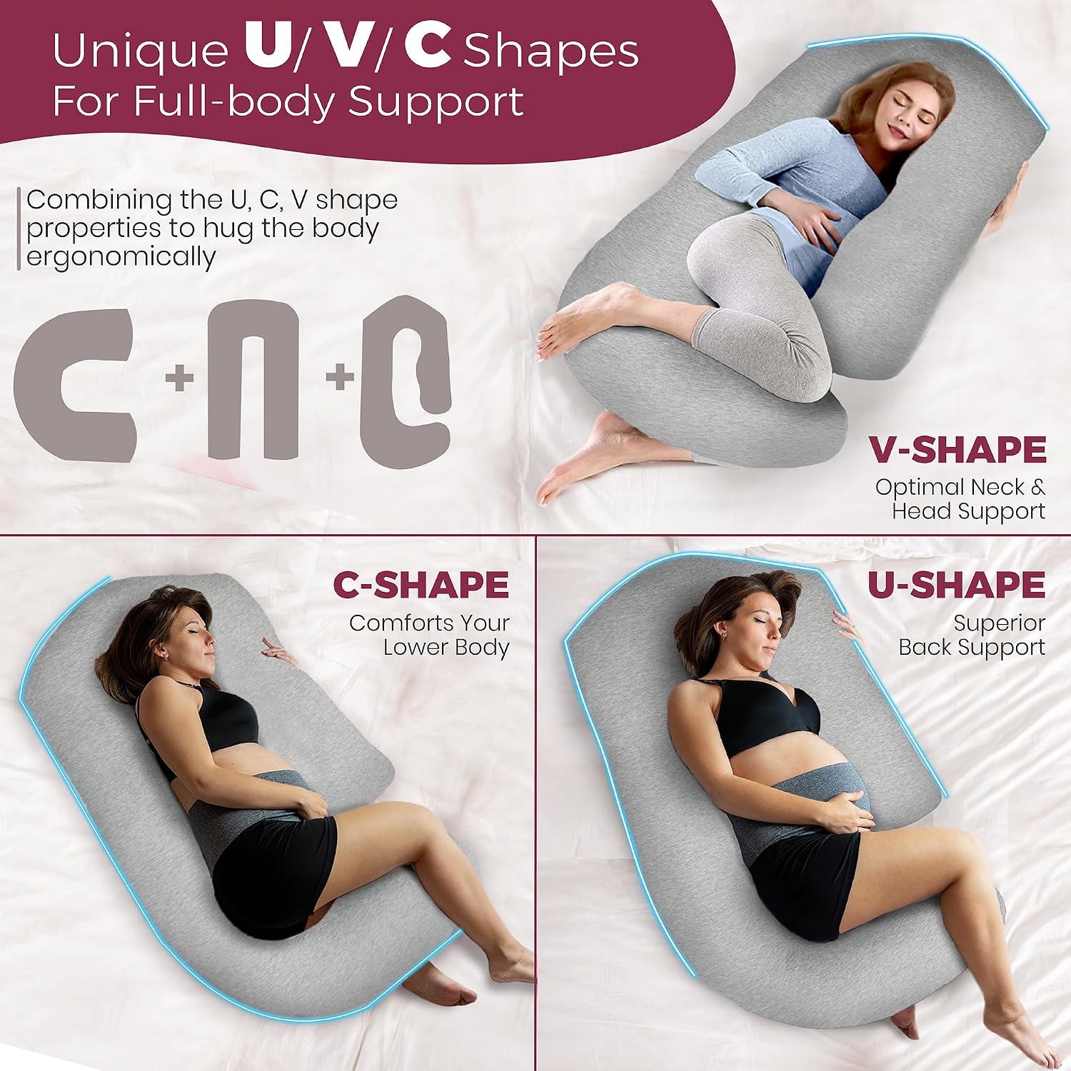 Pillani Pregnancy Pillows for Sleeping - V C U Shaped 57inch Full Body Pillow with Removable Washable Cover, Cooling Maternity Pillow for P…