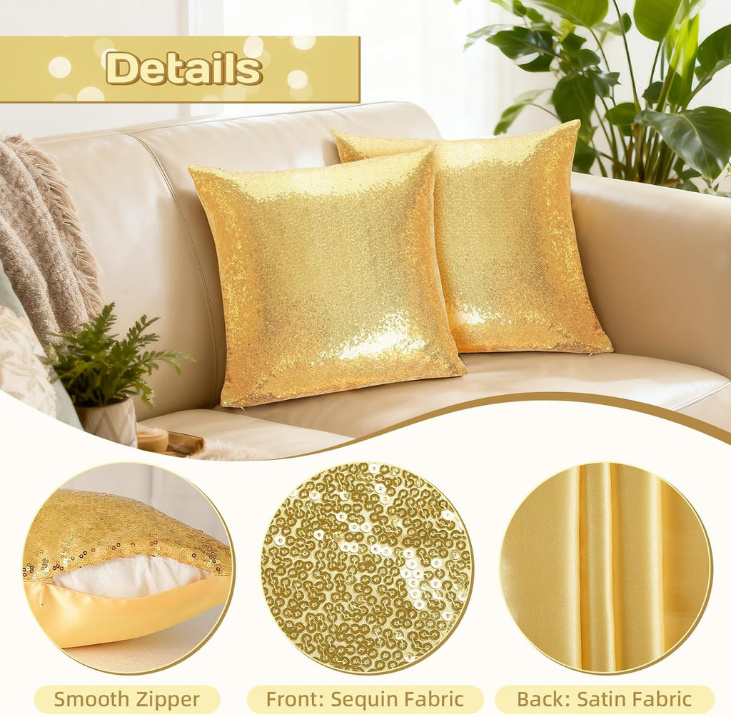 Eternal Beauty Set of 2 Sequin Decorative Pillow Cover Gold Pillow Covers for Couch Sofa Throw Pillows 18 X 18 Inches