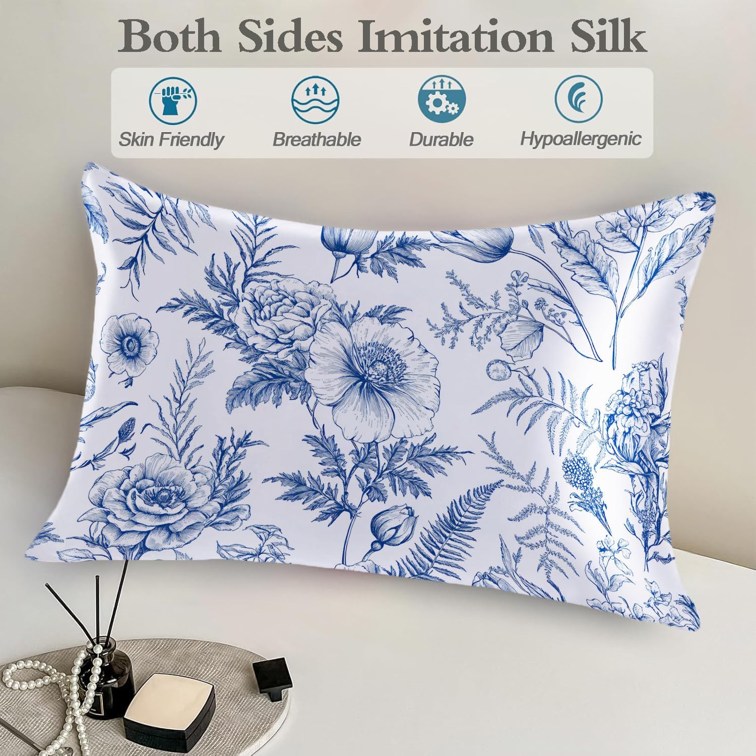 Satin Pillowcase for Hair and Skin Vintage Blue and White Floral Super Soft and Cooling Similar to Silk Pillow Case 1 Pack with Hidden…