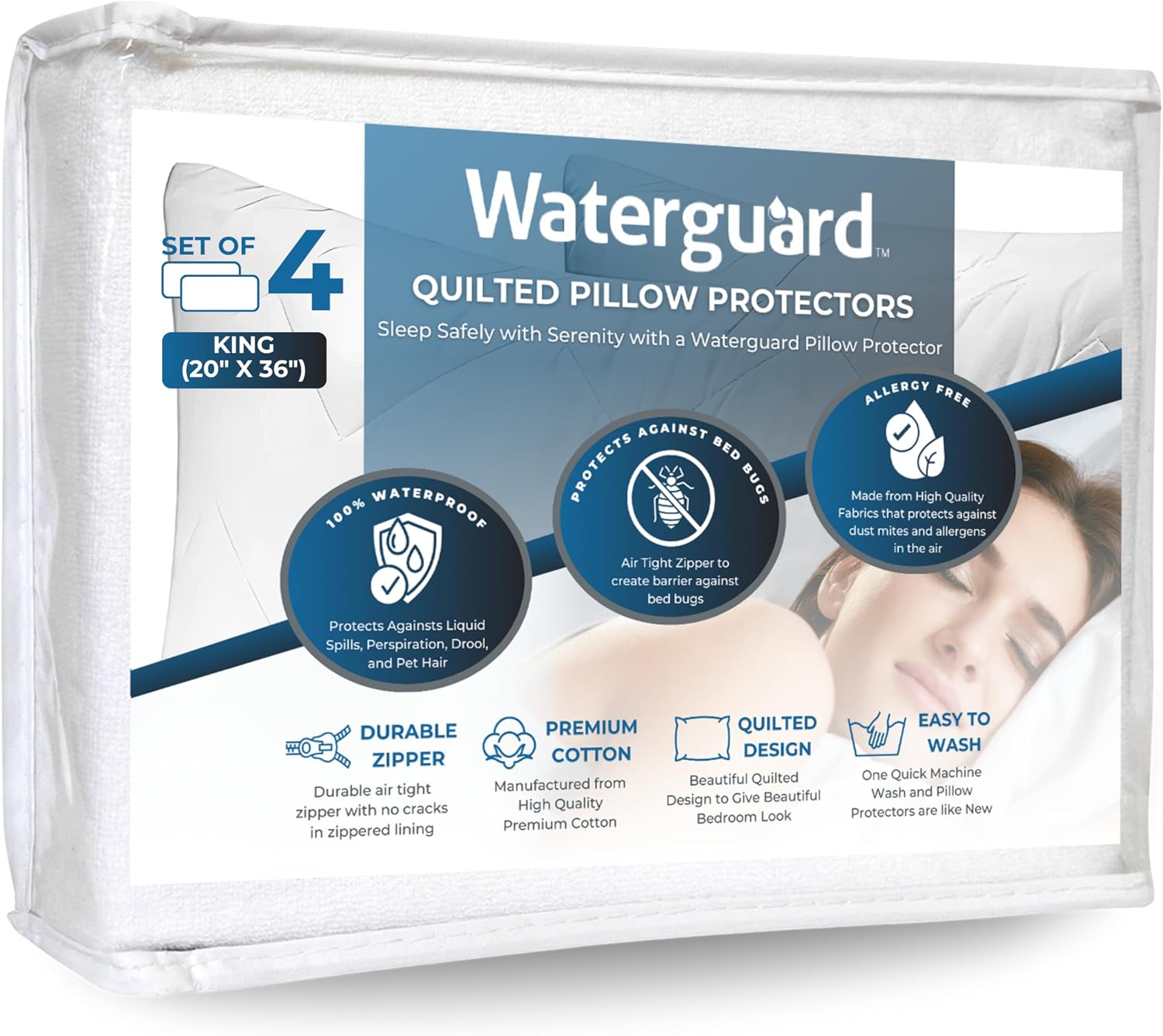 Waterguard Waterproof Pillow Protectors Quilted, Zippered Pillow Cases, 100% Cotton Top, Microfiber Filled Pillow Covers, King Size…