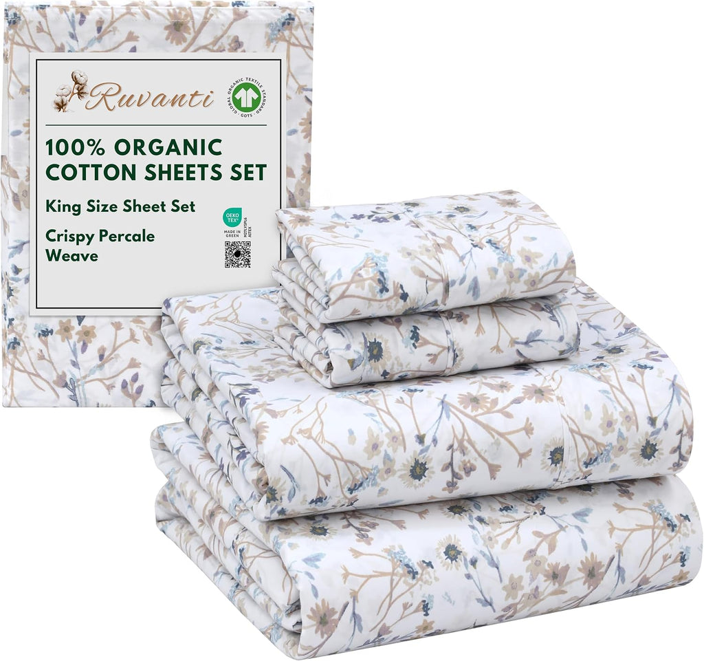 Ruvanti 100% Cotton Organic Percale Sheets King Size – Crisp Cooling Bed Sheets for Hot Sleepers, Deep Pocket 15”, Soft Peach Finish, Breat…